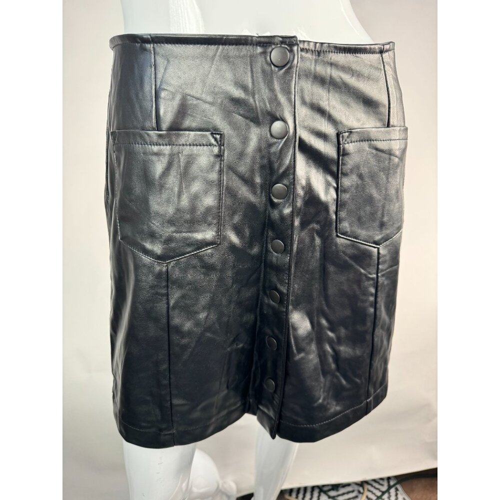 Vintage Wild Blue Faux Leather Button-Front Mini Skirt Black Size M Women's